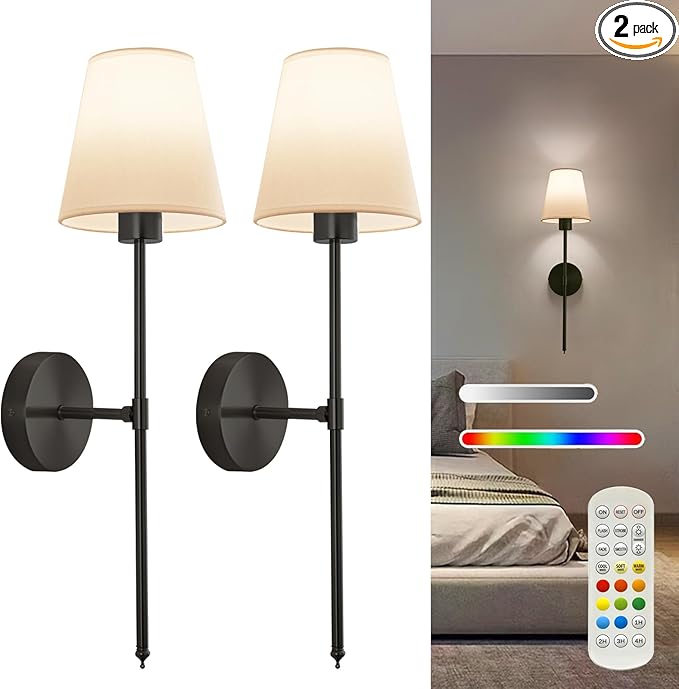 Wall sconces Set of Two Battery Operated – Rechargeable Wireless Wall Lights with Remote, 15 Colors & Dimmable Detachable Bulbs, Black Wall Lamps for Bedroom, Living Room, Hallway, and Home Decor