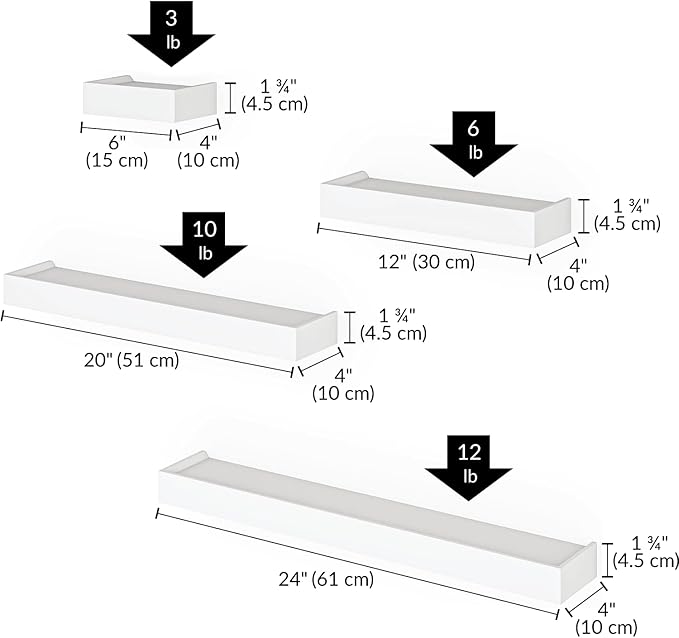 Ballucci Modern Ledge Wall Shelves, Set of 4 Wood Floating Shelves for Bedroom, Bathroom, Living Room, Kitchen, Nursery, White