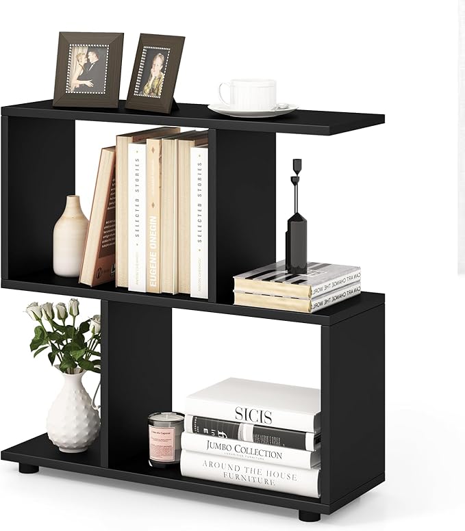 Giantex 3-Tier Geometric Bookshelf, 24" Tall Wood S-Shaped Display Shelves with Thick Foot Pads, Freestanding Open Shelves Nightstand, Floor Standing Display Shelf Bookcase, Black