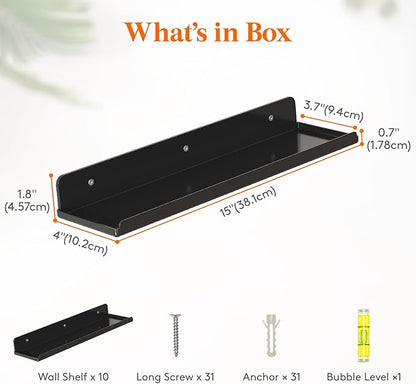 Lifewit Floating Shelves for Bathroom, 15" Clear Wall Organizer for Makeup, Perfume, Figures, Photo, Decor Shelf for Nursery, Living Room, Bedroom, Kitchen, Over Toilet Storage Rack, Black, 10 Pack