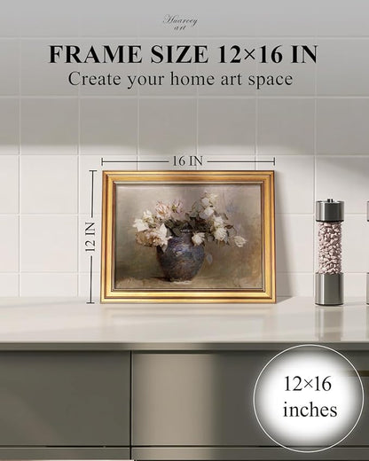 HUARCEY Gold Framed Canvas Wall Art Prints, Bathroom Vintage Decor Aesthetic, Classical Roses Floral Paintings Farmhouse Wall Decor, Retro Decoration for Bedroom Living Room, 12x16Inch