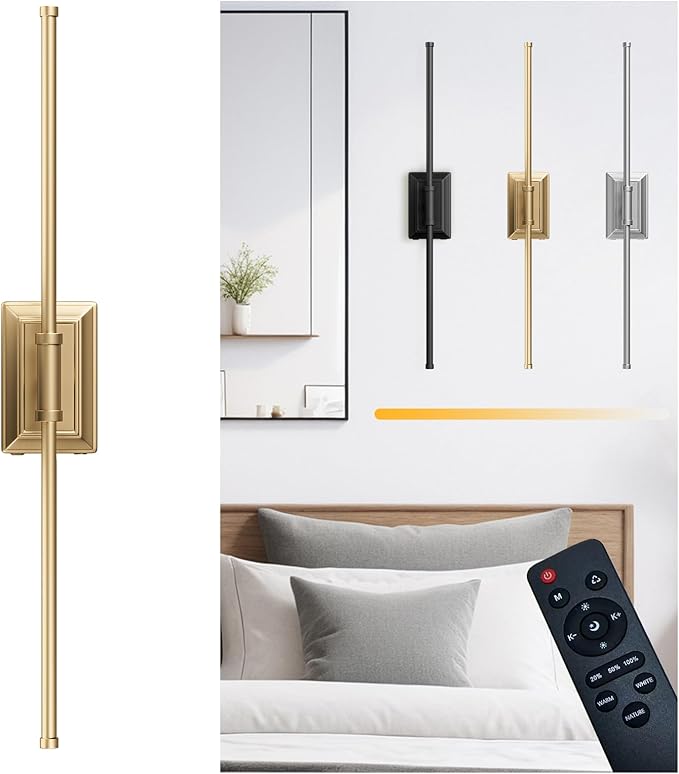 Battery Operated Wireless Wall Sconce - Modern Rechargeable Led Sconces in Black Gold Silver - Bedroom Decor Stick On Lights Set of 1 - Long Indoor Living Room Bathroom Remote Wall Light