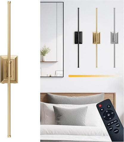 Battery Operated Wireless Wall Sconce - Modern Rechargeable Led Sconces in Black Gold Silver - Bedroom Decor Stick On Lights Set of 1 - Long Indoor Living Room Bathroom Remote Wall Light