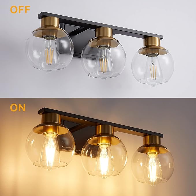 PAZALA 3-Light Bathroom Vanity Lights, Black and Gold Bathroom Light Fixtures Over Mirror with Globe Glass Shade, 22in Modern Wall Sconce for Bathr Mirror Bedroom Hallway, E26 Base(Bulbs Not Included)