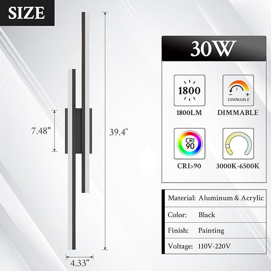 LED Wall Sconce Black Modern Remote Wall Light Fixtures for Living Room, Dimmable LED Vanity Light Indoor Remote Wall Sconce for Bedside Bedroom Bathroom Dining Room, 39.4inch 1 Pack