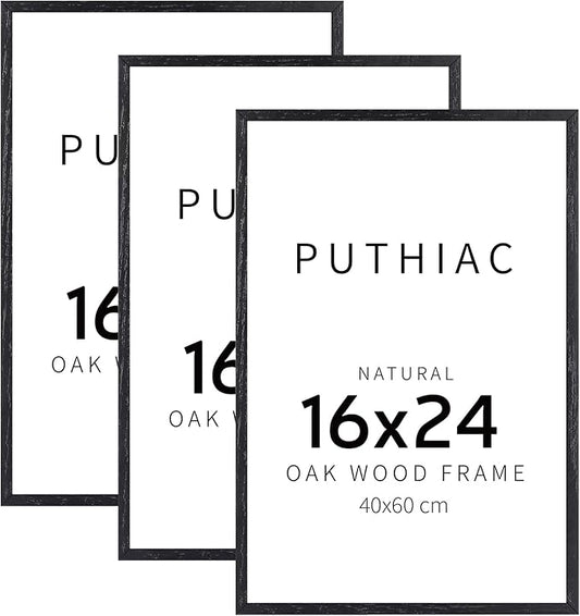 puthiac 16x24 Solid Oak Wood Picture Frame, No Mat, Wall Display Only, Vertical or Horizontal, Plexi Front, 3 Pack, Black