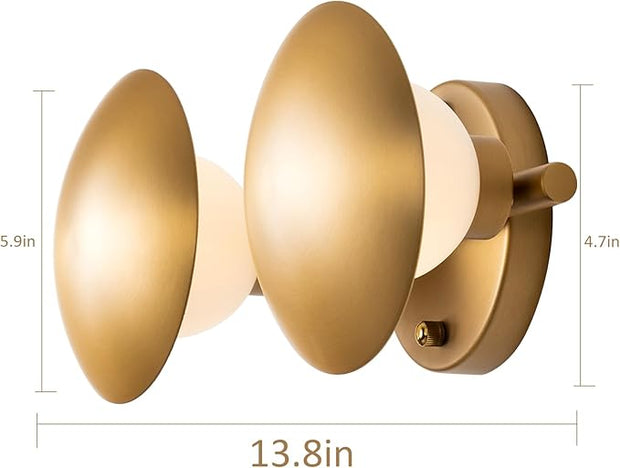 Modern Gold 2 Llight Mushroom Wall Sconces, Globe Spherical Wall Lamp, Mid Century Small Brass Vanity Single Ball Lights Fixture, Contemporary Milk Glass Wall Mounted Lamp for Bedroom Bathroom Hallway