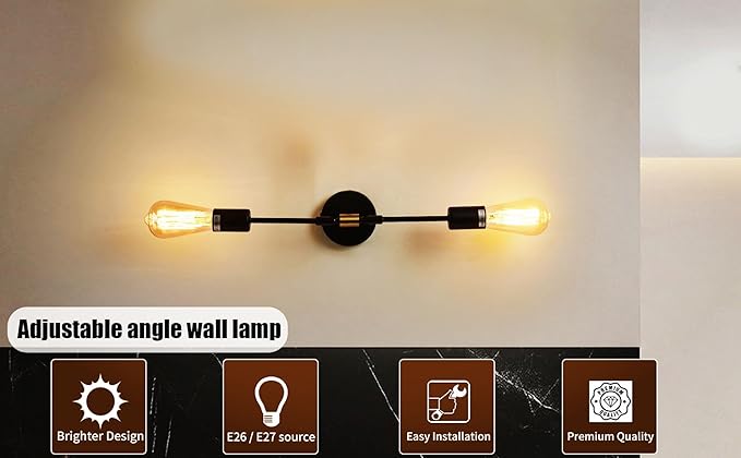 Minimalist Black 2 Lights LED Wall Light Up/Down Indoor Lamp,360° Adjustable Uplighter Downlighter,Rustic Country Vintage Loft Wall Sconce Fixture Fitting Retro Warm Edison Lamps E26 Max 2*60W