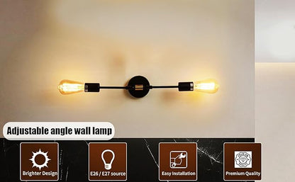 Minimalist Black 2 Lights LED Wall Light Up/Down Indoor Lamp,360° Adjustable Uplighter Downlighter,Rustic Country Vintage Loft Wall Sconce Fixture Fitting Retro Warm Edison Lamps E26 Max 2*60W