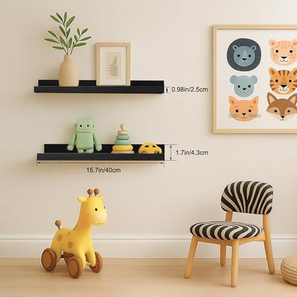 16inch Floating Picture Ledge Shelves 2-Pack, Black Wall Mounted Shelves with Lip for Nursery, Kids Room, Living Room & Bedroom, Sturdy Floating Book Shelves for Photo Frames & Decor