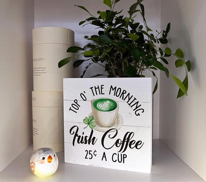 St. Patrick's Day Decor, Wooden Box Sign Desk Decor, White Wood Box Sign, Irish Coffee Sign, Kitchen Decor for Table Shelf, Farmhouse Decor for Irish Coffee Bar, Coffee Lover Home Decor