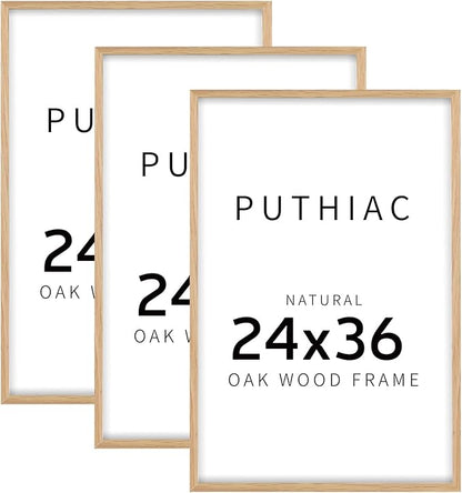 puthiac 24x36 Solid Oak Wood Picture Frame, 24 x 36 Poster Frames for Wall, Vertical or Horizontal, Plexi Front, 3 Pack, Natural Oak