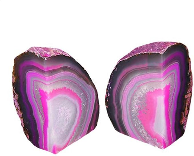 JIC Gem Pink Dyed Agate Bookends Geode Book Ends Stone Bookends for Shelves to Hold Books Heavy Duty with Rubber Bumpers for Decoration Brazilian(1 Pair, 3-4 LBS)