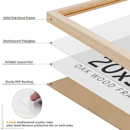 puthiac 20x30 Solid Oak Wood Picture Frame, 20 x 30 Poster Frames for Wall, Vertical or Horizontal, Plexi Front, 3 Pack, Natural Oak