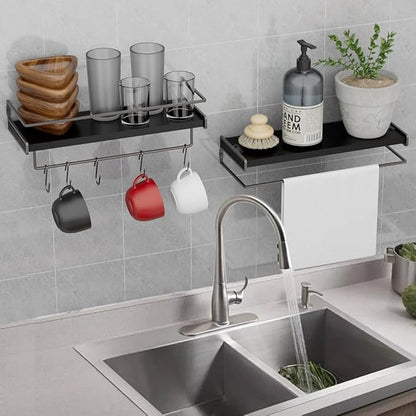 Wall Decor Floating Shelves, Home Decor with Towel Bar/Hooks, Wall Shelves for Bathroom/Living Room/Kitchen/Bedroom, (Black-Black) Floating Bathroom Shelves