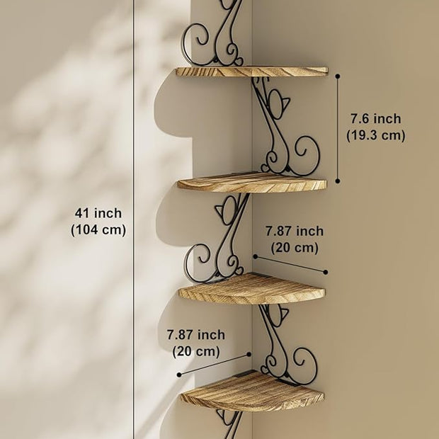 Alsonerbay Wall Mount Corner Shelves 4 Tier Floating Corner Storage Wood Shelves Decorative Rustic Radial Shelf in Cat Shape Carbonized Black