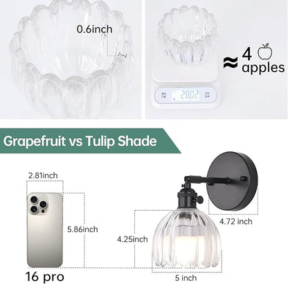 Vintage Battery Operated Wall Sconce with Transparent Tulip Glass Lampshade Rechargeable Battery Powered Black Wall Light with Remote Control for Bedside Bedroom Doorway