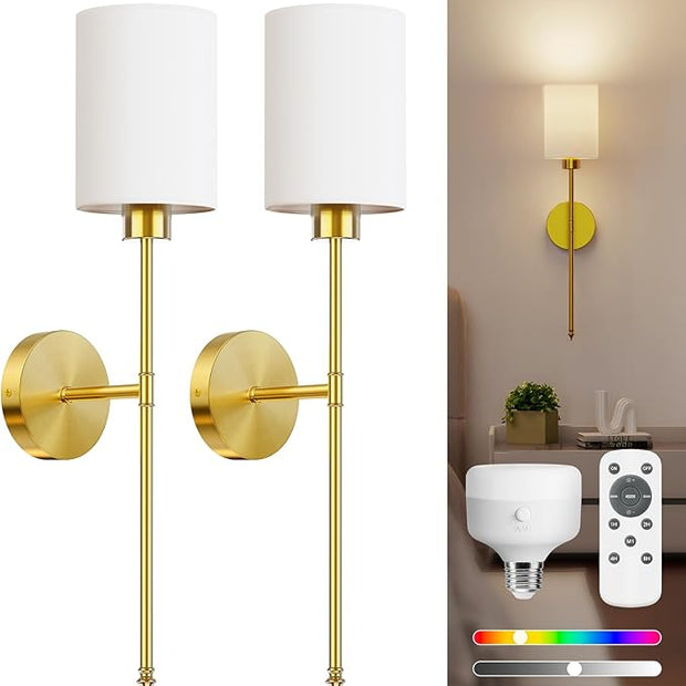 NIORSUN 24 inch Battery Operated Wall Sconce Set of 2, Gold Wireless Rechargeable Wall Lights with 5200mAh Dimmable Detachable Bulbs and Remote, 9 Colors Sconces Wall Decor for Bedroom Living Room