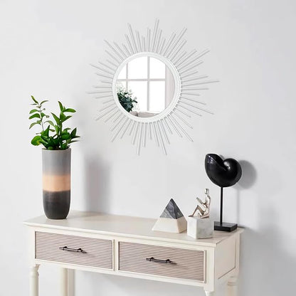 Sunburst Wall Mirror Spoked Home Circle Wall Art Mirror Classic Metal Modern Hanging Mirror, Decor Living Room Bathroom Bedroom Entryway Vanity Office Hallway Housewarming Large 16" White