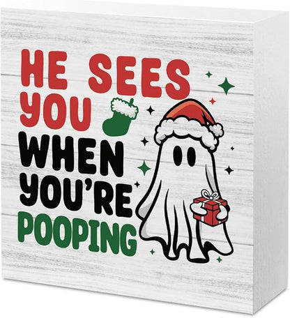 Gothic Christmas Bathroom Decor Ghost Watching Wash Your Hands Wooden Box Signs Christmas Desk Accessories Decorations Indoor for Toilet Bathroom Shelves 5 X 5 Inch