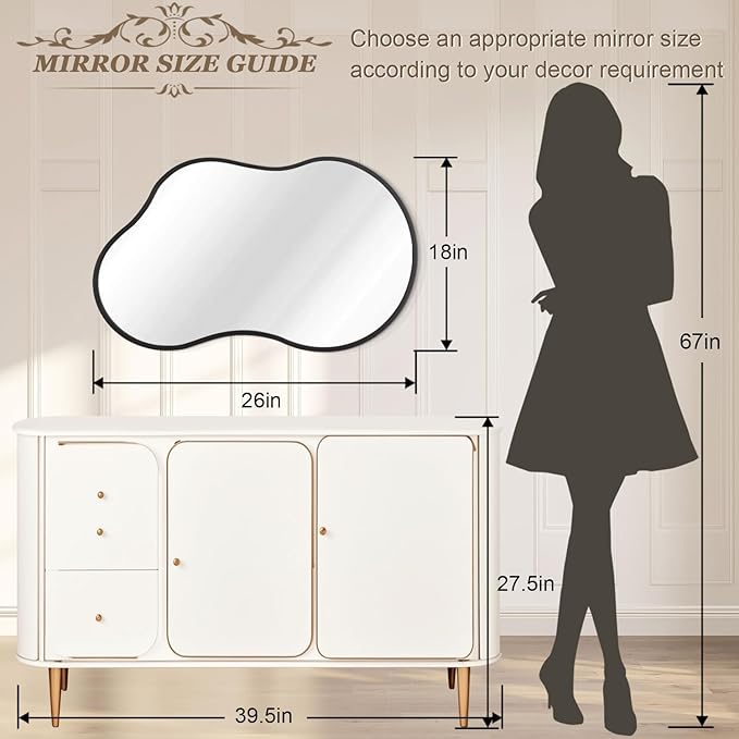 Irregular Wall Mirror, Wall Mirrors Decorative 26"x16" Black Asymmetrical Mirror Aviation Aluminum Alloy Frame for Bathroom, Living Room, Bedroom, Entryway