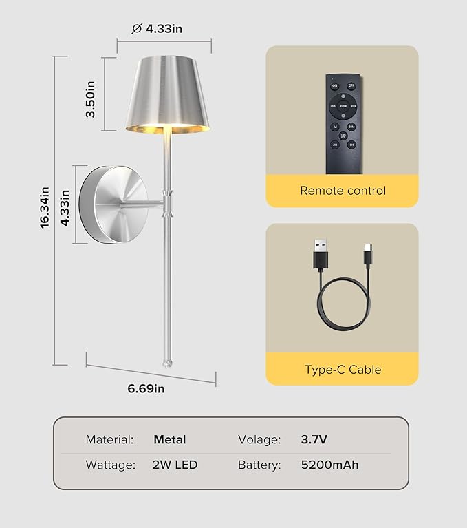 UME Wireless Sconces Set of 2 with Remote, 5200mAh Battery Powered Sconces - Small Rechargeable Sconces w/ 3 Color Temps & 5 Brightness Levels for Bedroom, Living Room, Wall Painting, Cafe (Silver)