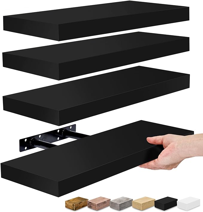 Sorbus Floating Shelves for Wall – 16 Inch Floating Shelf for Kitchen, Bedroom, Living Room, Bathroom, Home & Wall Decor - Mounted Bathroom Shelves with Invisible Brackets (Black, 4 Pack)