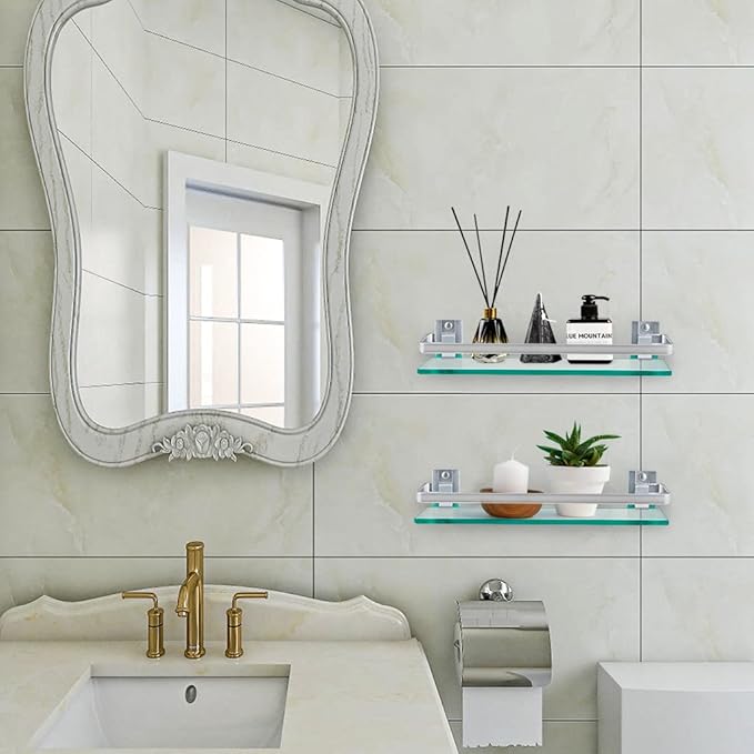 2-Pack Tempered Glass Bathroom Shelf with Rail, 15