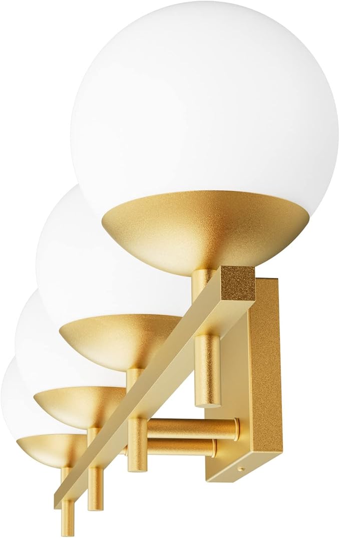 Ralbay Mid Century Gold Bathroom Vanity Lights 4-Light Gold Milky Glass Modern Bathroom Lighting Fixtures Over Mirror, Gold 4-Light (Exclude Bulb)
