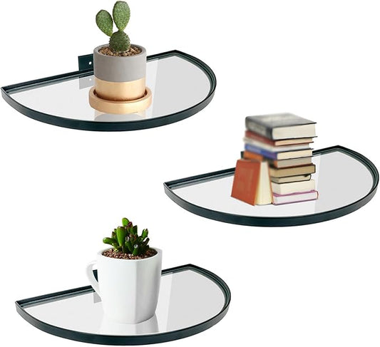 Cityelf Floating Shelves Wall Mounted Wall Decor Iron Glass Hanging Shelf Home Decor Set of 3 Display Ledge Shelves for Living Room Bedroom Office-Black