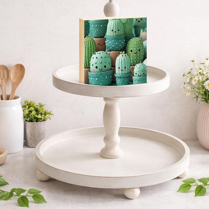 Inspirational Plant Decor Sign - Office Gift for Plant Lover Coworker - Double-sided Cactus Decor for Tiered Tray Table Desk Shelf Decoration