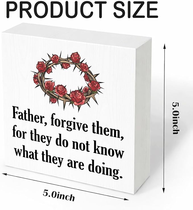 Christian Easter Decor Wooden Bible Verse Sign Father Forgive Them, Religious Crown of Thorns Design, Rustic Farmhouse Wall Desk Shelf Decoration