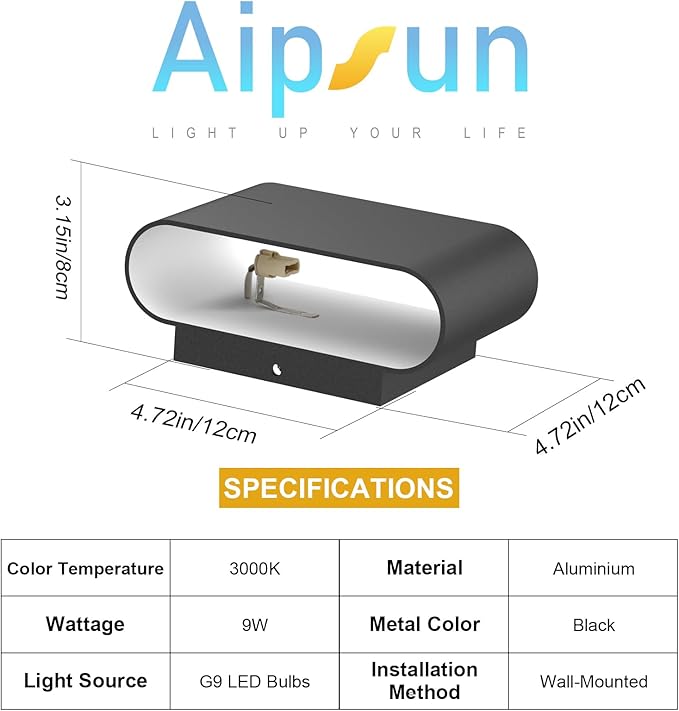 Aipsun Black Modern LED Wall Sconces 4 Packs Indoor Wall Lights Hardwired Up and Down Wall Mount Light for Living Room Bedroom Hallway Corridor Conservatory Warm White 3000K(with G9 Bulbs)