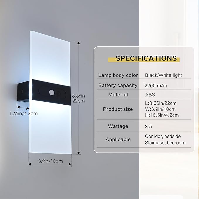 LED Wall Sconces 2Pack,2200mah Battery Operated Magnetic Wireless Wall Lamp, Motion Sensor Modern dimmable Wall Light with Button Switch for Bedroom Living Room Hallway