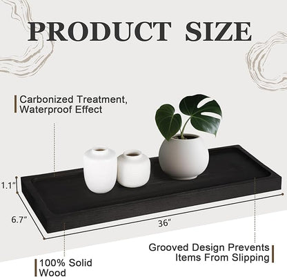 Solid Wood Floating Shelves for Wall 36 inch Bathroom Hanging Wall Shelves Set of 2 for Living Room Bedroom Kitchen Farmhouse 36x6.7 inch - Black