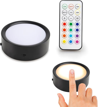 DAMI Under Cabinet Lighting with Remote Control, Rechargeable Battery Operated Wireless Shelf Lights, Locker Lights Magnetic Stick on Tap, Color Changing Puck Lights for Kitchen, 6 Pack, Black
