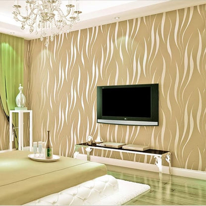 Q QIHANG Simple Fashionable Non-Woven Wallpaper 3D Embossed Three-Dimensional Flocking Foaming Wave Stripes Bedroom Living Room TV Background Wall Shop Decoration20.87 Wx393.7 L Non-Pasted (Beige)