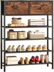 Shoe Rack Organizer 5 Tier Metal Organizer Shelf with Industrial MDF Board and Layer Fabric for Entryway Closet Bedroom Living Room Garage (Black+Rustic Brown, 5 Tier with 2 Drawers)