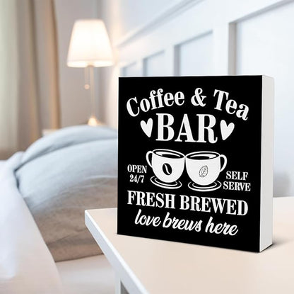 Coffee Bar Decor - Tea Station - Coffee and Tea Bar Wood Sign Home Kitchen Desk Shelf Table Tabletop Decor 5×5 Inches