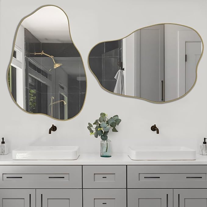 POZINO Gold Irregular Mirror, 30"x20.5" Cloud Shaped Mirrors, Asymmetrical Wall Mirror, Modern Abstract Frameless Mirrors for Living Room Bathroom Bedroom Entryway, Hangs Vertically or Horizontally