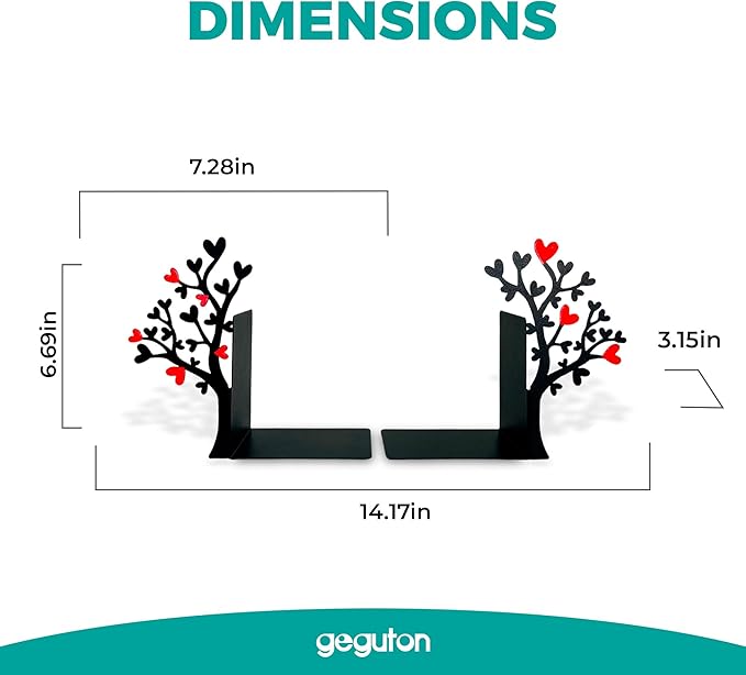 GEGUTON Heart Tree Bookend – Steel Epoxy-Coated – Decorative Book Support Pair for Home Office, Living Room or Gift