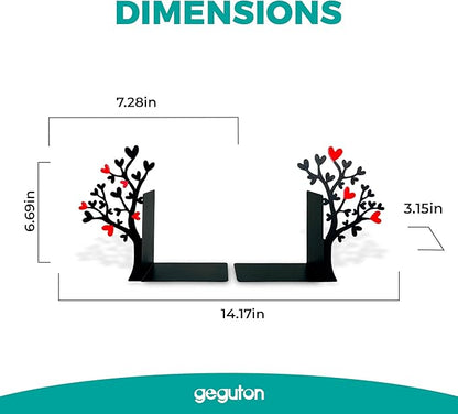 GEGUTON Heart Tree Bookend – Steel Epoxy-Coated – Decorative Book Support Pair for Home Office, Living Room or Gift