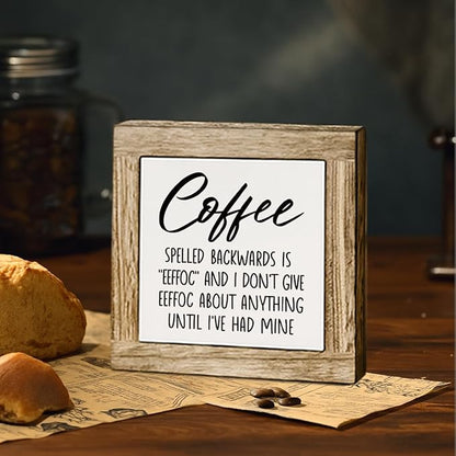 Humor Coffee Bar Decor, Funny Coffee Spelled Backwards Decor Sign, Cafe Wooden Box Sign Kitchen Home Decoration, Inspirational Office Desk Signs 5.9X5.9 Inches