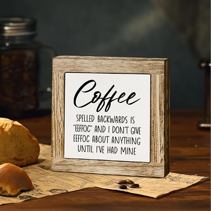 Humor Coffee Bar Decor, Funny Coffee Spelled Backwards Decor Sign, Cafe Wooden Box Sign Kitchen Home Decoration, Inspirational Office Desk Signs 5.9X5.9 Inches