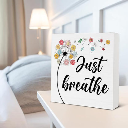 Inspirational Desk Decor - Spring Decorations for Home - Just Breathe Dandelion Wood Sign Home Office Desk Shelf Table Tabletop Decor 5×5 Inches