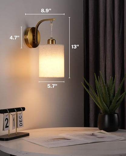 Battery Operated Wall Sconce Set of Two, Pleated Fabric Rechargeable Wireless Wall Sconces with 13000mAh Bulb & Dimmable, Battery Sconces Wall Light Decor Set of 2 for Living Room, Gold