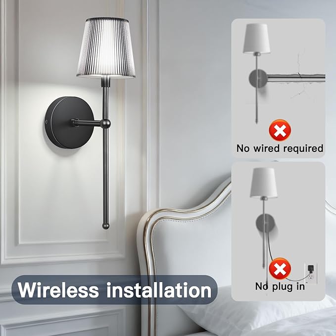 Battery Operated Wall Sconces Set of 2, Wireless Wall Sconce with Remote Dimmable Timer, Rechargeable 5200mAh, Cordless Wall Light for Bedroom Living Room, Hallway, Light Decor