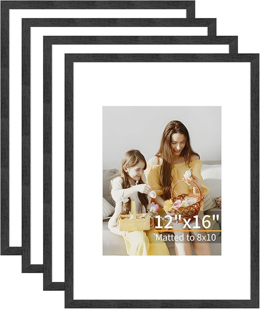12x16 Picture Frame Set of 4, Displays 8x10 with Mat or 12x16 Without Mat, Photo Frames for Wall Hanging or Tabletop, Includes HD Plexiglass, Black