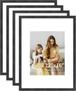 12x16 Picture Frame Set of 4, Displays 8x10 with Mat or 12x16 Without Mat, Photo Frames for Wall Hanging or Tabletop, Includes HD Plexiglass, Black