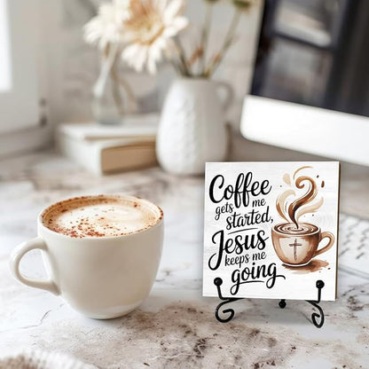 5'' Rustic Cafe Wooden Sign With Metal Stand - Coffee Gets Me Started Jesus Keeps Me Going - Religion Wooden Plaque Tabletop Decor Gifts For Coffee Lover Christians - Home Kitchen Decor & Supplies-B04